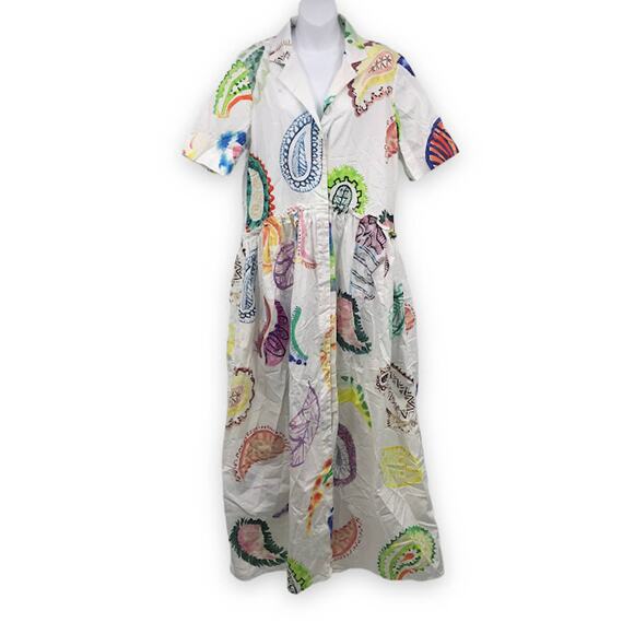Rosie Assoulin Paisley Maxi Dress L Collared Button Front Short Sleeve Pockets - Picture 1 of 7
